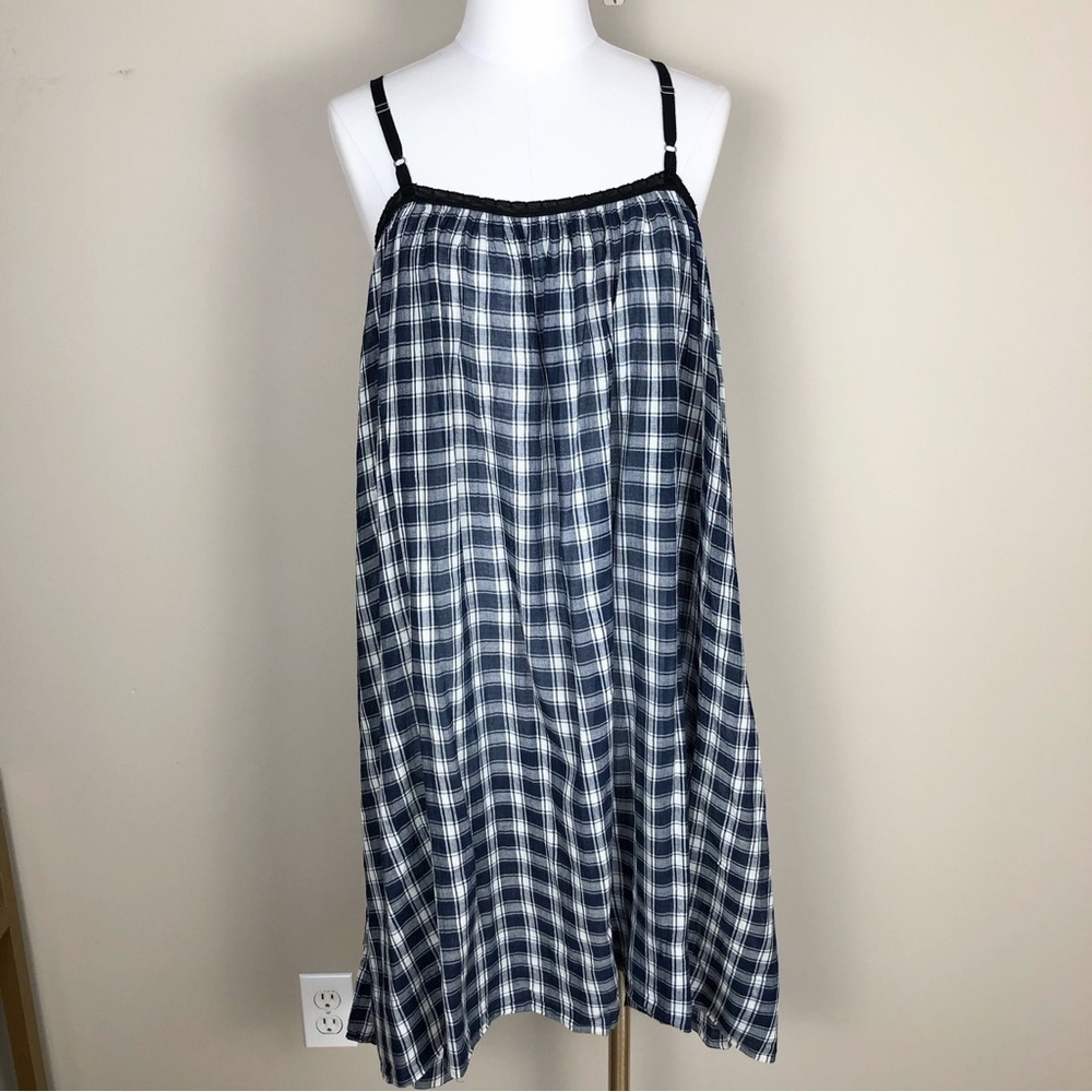 Blue & white check print semi sheer pullover lightweight cover up sun dress S/M